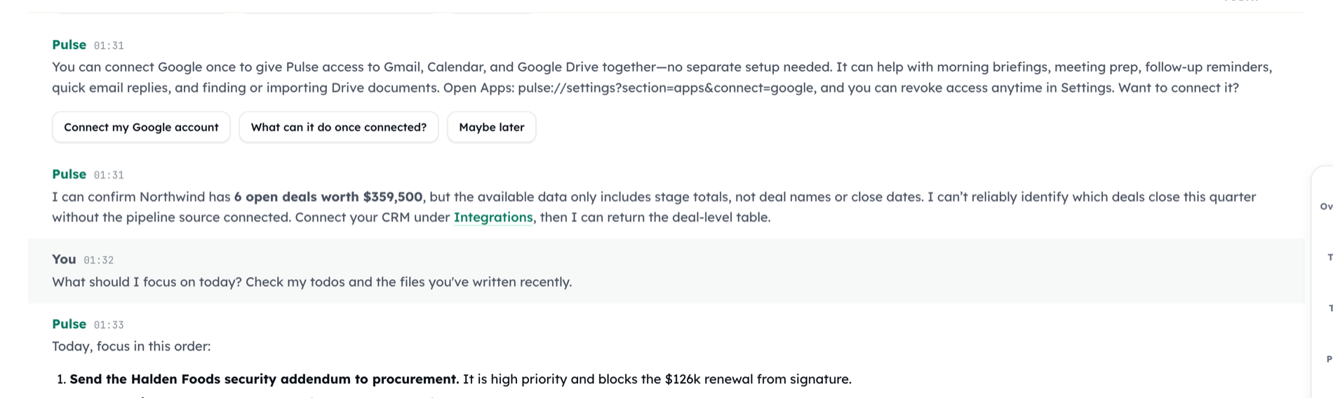 A Pulse conversation where the assistant offers to connect Google — explaining what it would unlock — with Connect my Google account, What can it do once connected? and Maybe later replies