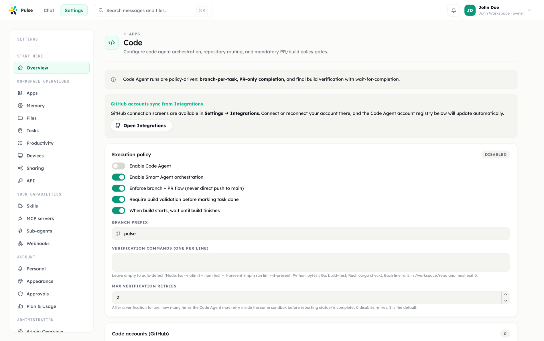 The Code settings page showing registered repositories and Code Agent configuration