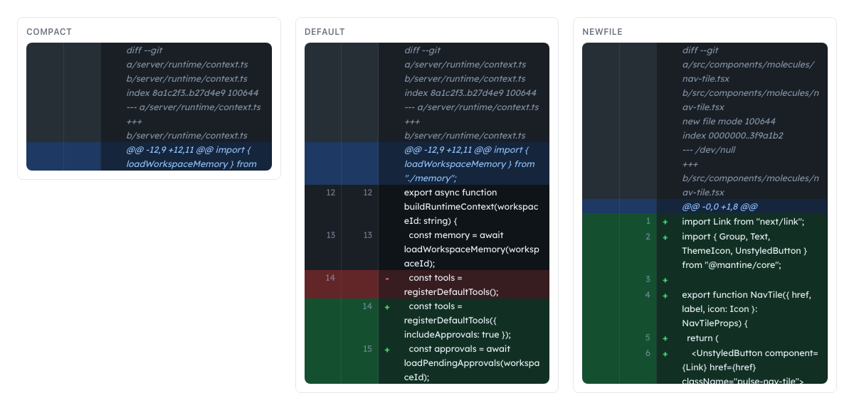 The Pulse diff viewer showing code changes in compact, default, and new-file layouts with added and removed lines highlighted