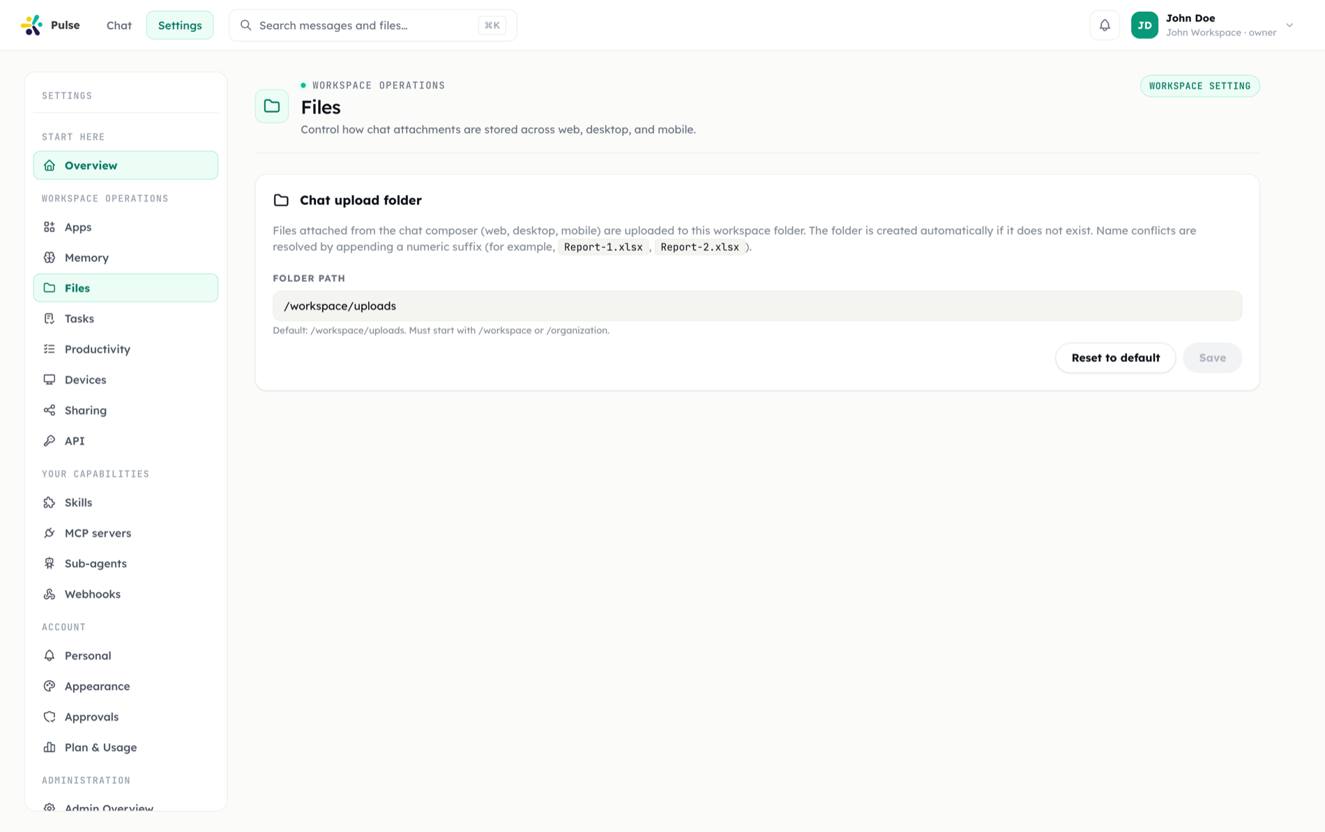 The Files settings page showing workspace storage, sync and sharing controls