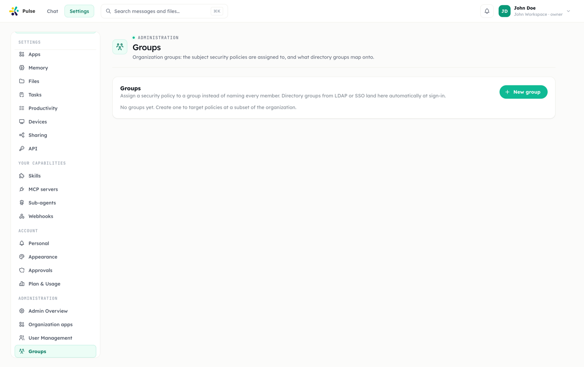 The Groups settings page, where members are grouped so policies can target a subset of the organization