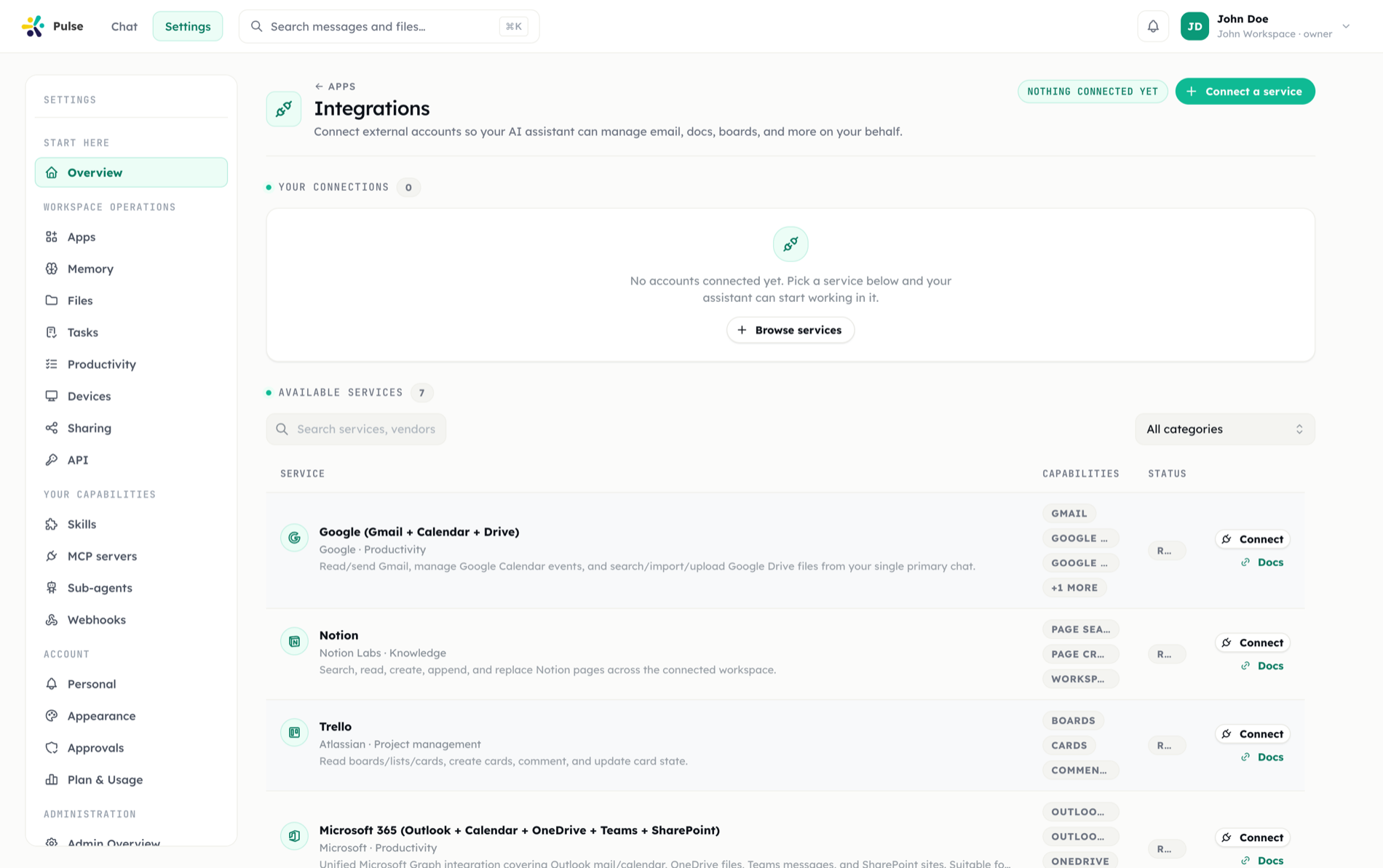 The Integrations settings page showing available providers such as Google, Notion, Trello, GitHub and Figma
