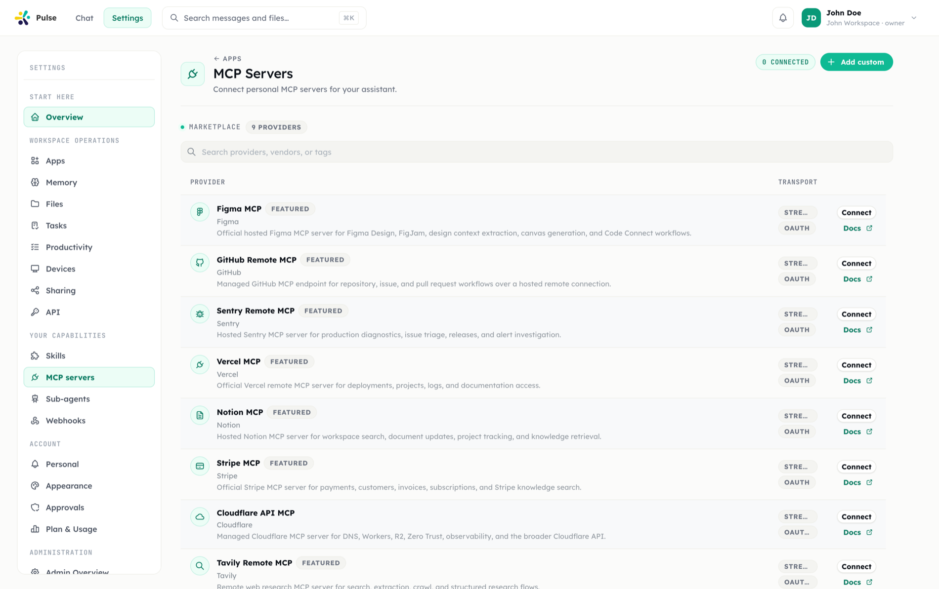 The MCP servers settings page listing a member's personal MCP servers and their discovered tools