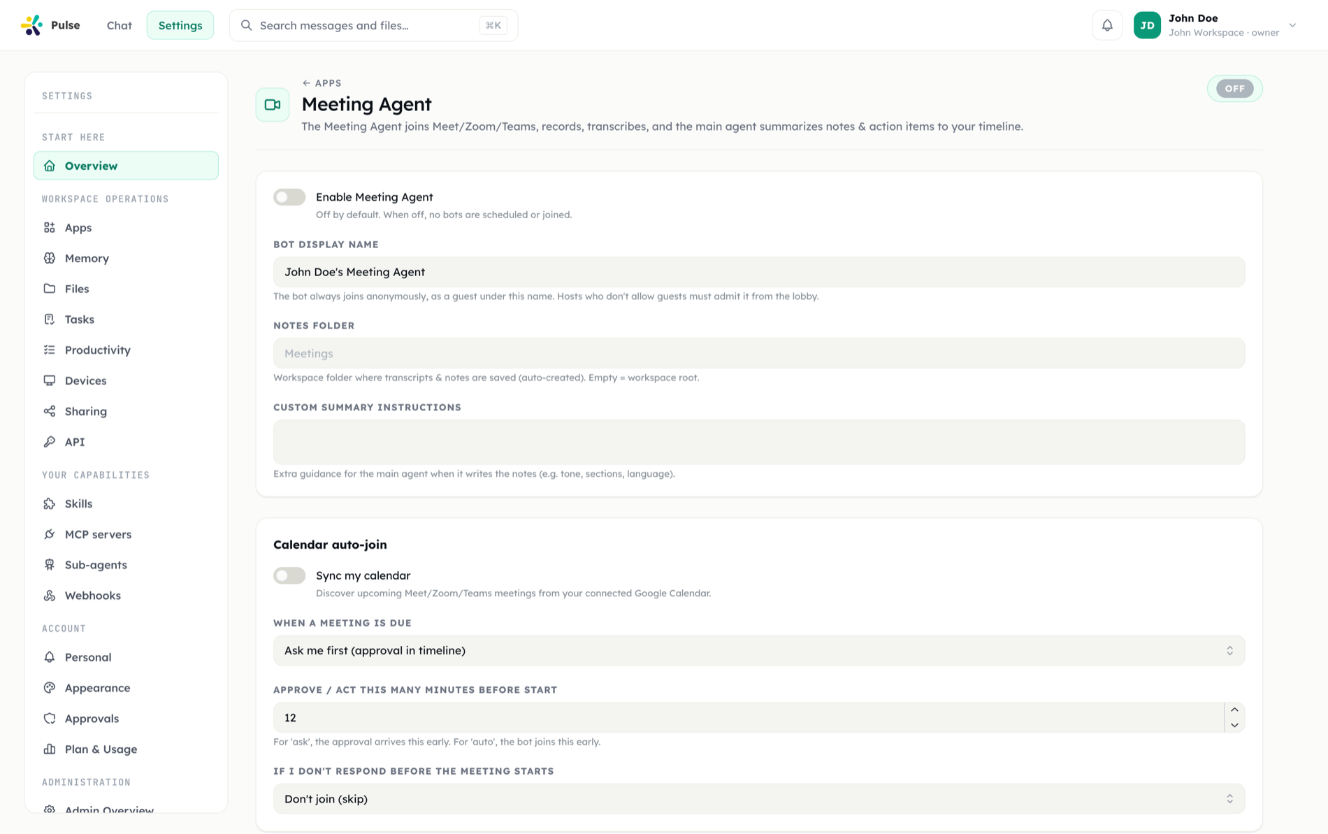 The Meeting Agent settings page showing bot configuration and joined meetings