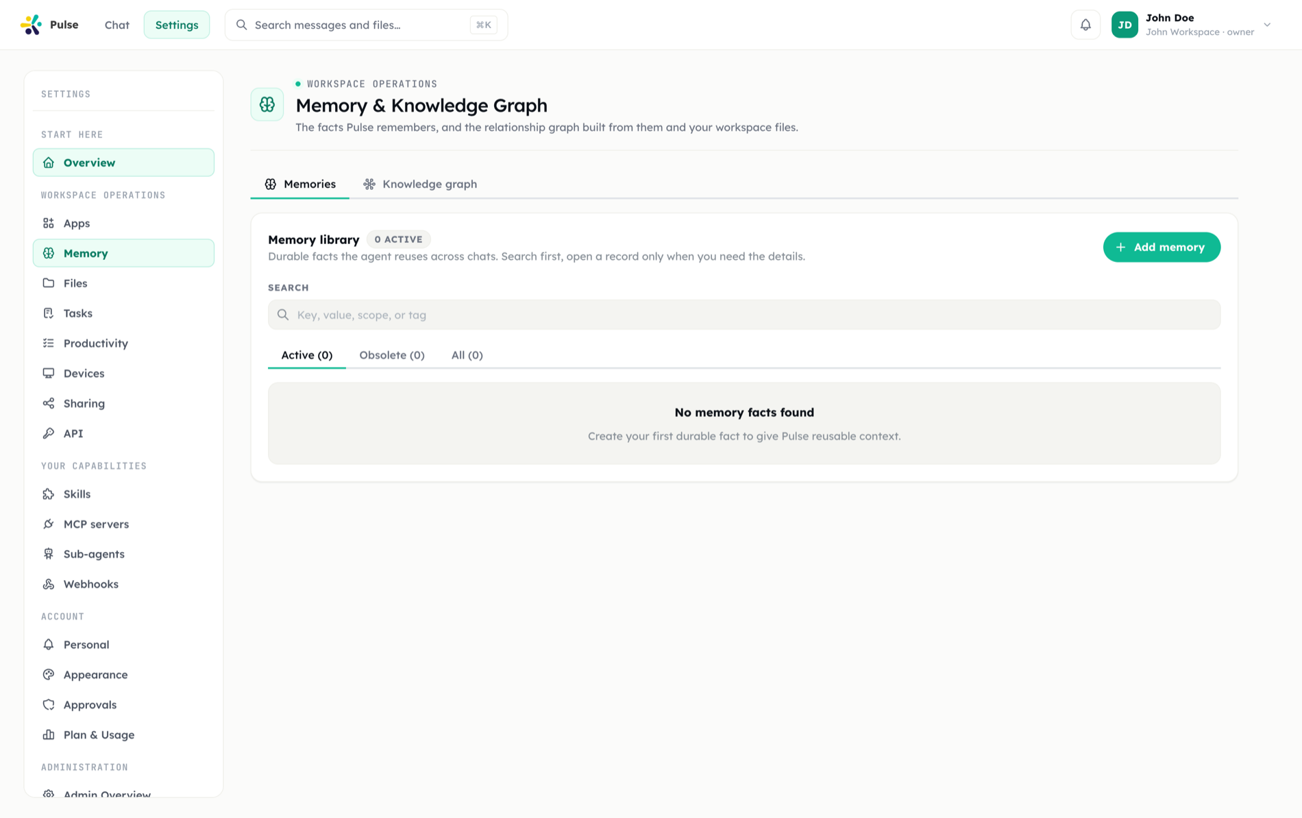 The Memory settings page showing stored facts, search and lifecycle tabs