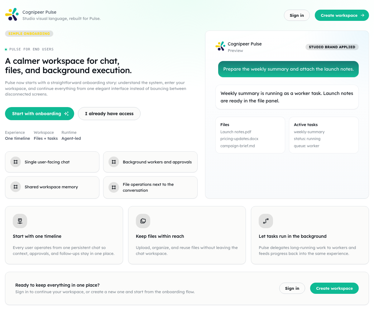 The Pulse onboarding screen, introducing the workspace for chat, files, and background execution