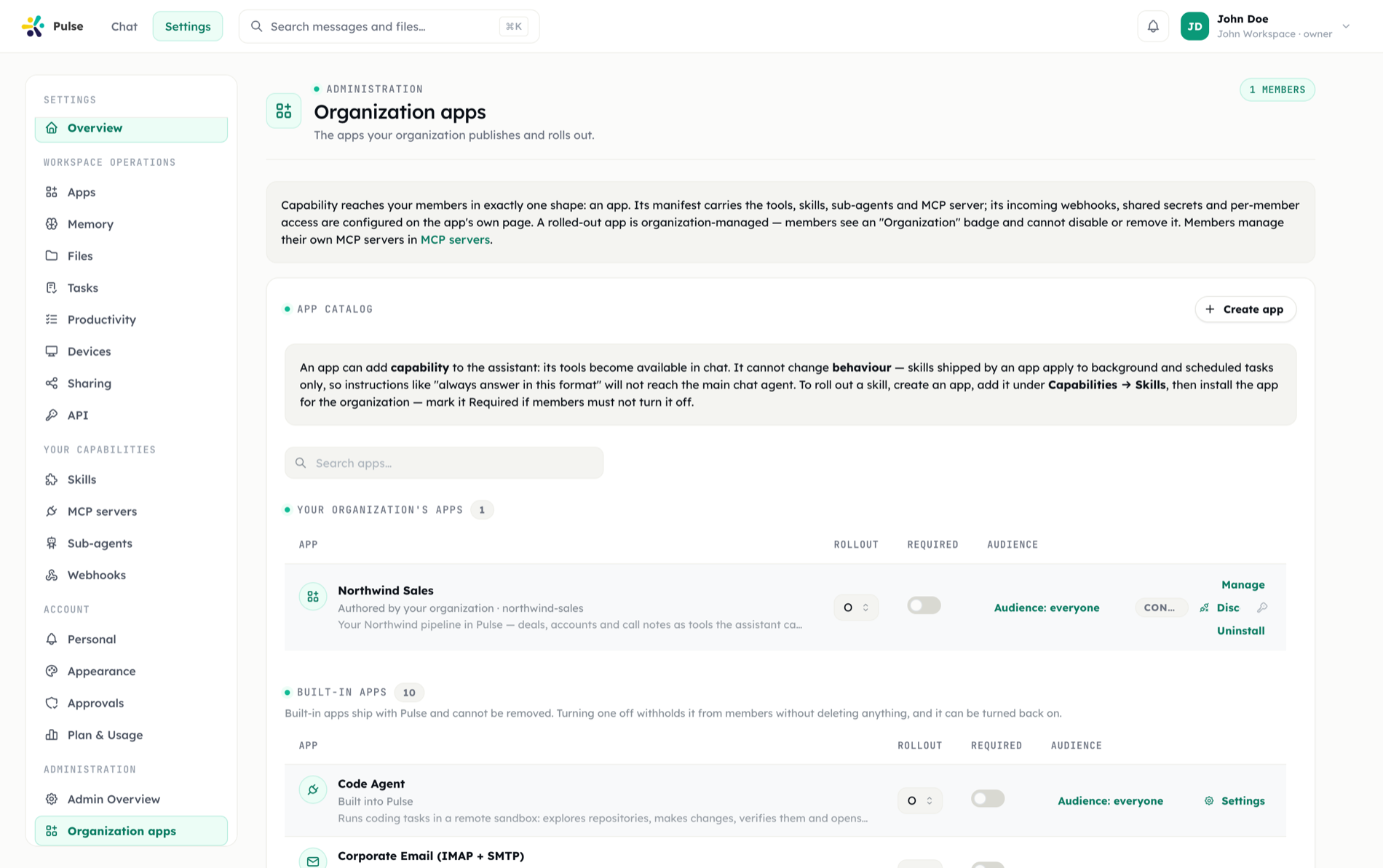 The Organization apps page: an app catalog listing the organization's apps with rollout, required and audience columns