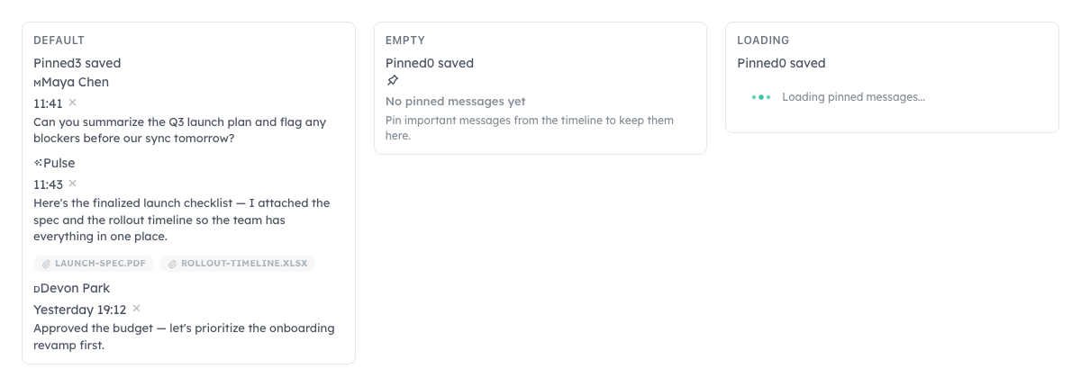 The pinned messages panel in Pulse showing saved messages with attachments, plus empty and loading states
