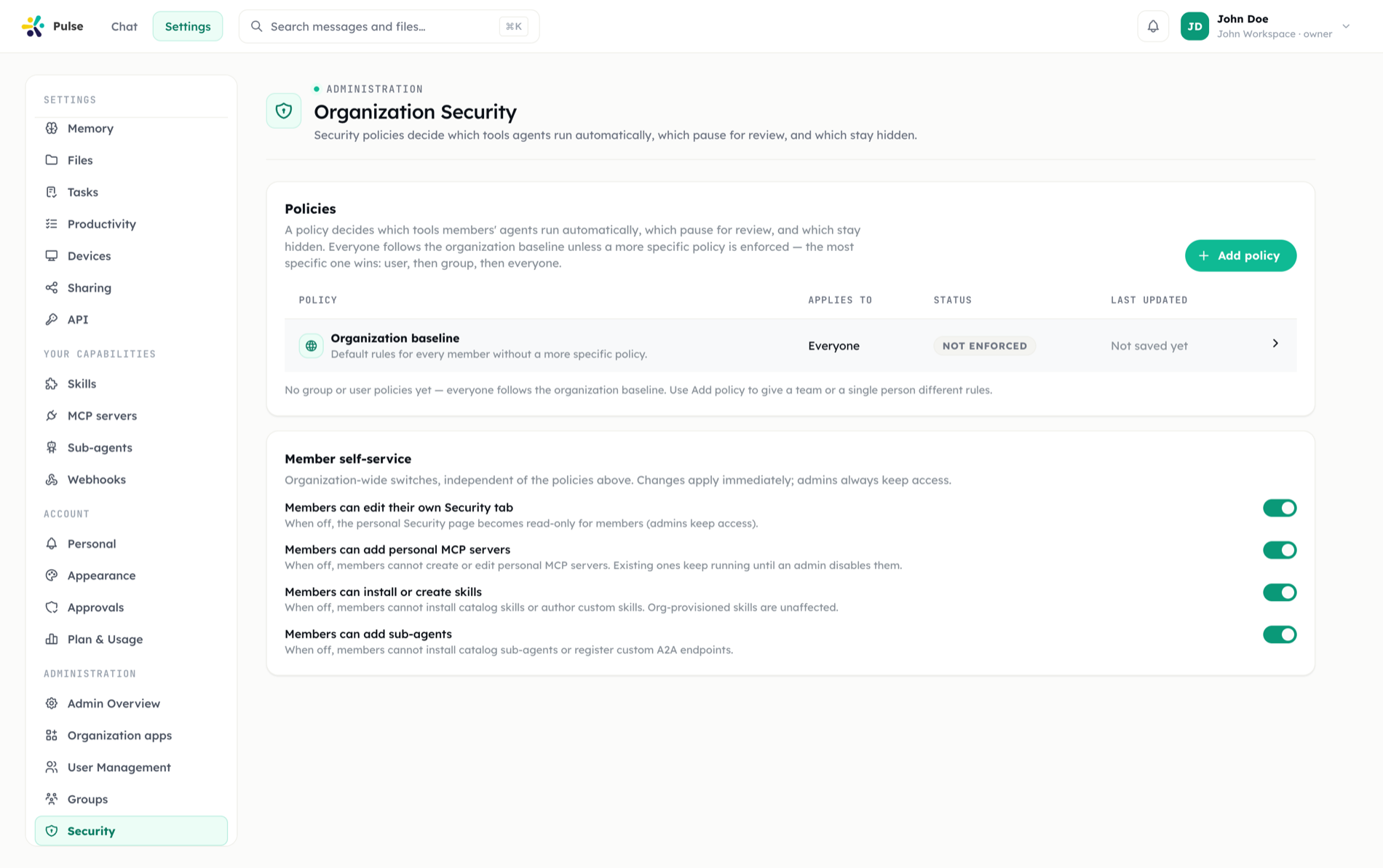 The Organization Security page: a Policies list containing the Organization baseline with its applies-to, status and last-updated columns, and a Member self-service card with four toggles