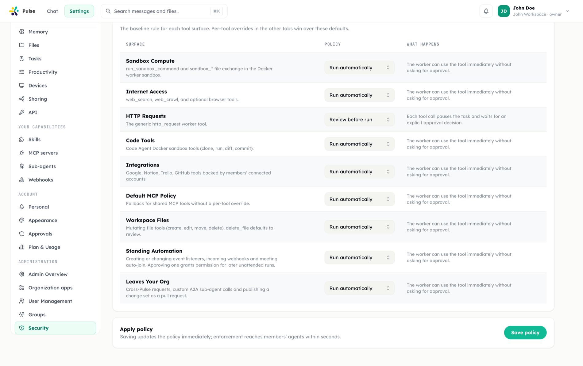 The organization security policy editor showing each tool surface — Sandbox Compute, Internet Access, HTTP Requests, Code Tools, Integrations, MCP, Workspace Files, Standing Automation, Leaves Your Org — with a policy dropdown and a plain-language explanation of what each choice means