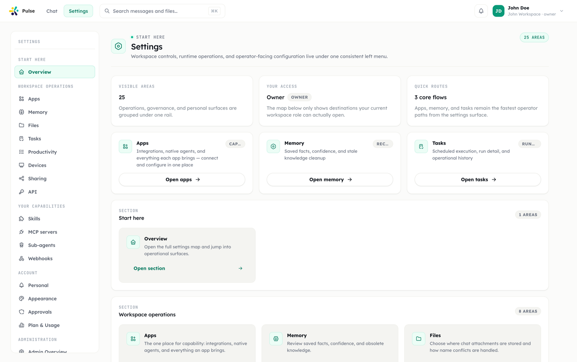 The Pulse settings overview page with its rail: workspace operations, your capabilities, account and administration