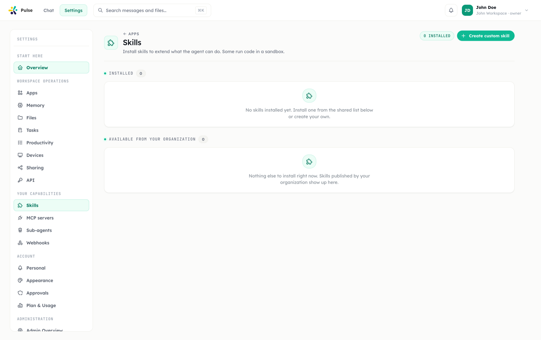 The Skills settings page listing installed and available skills