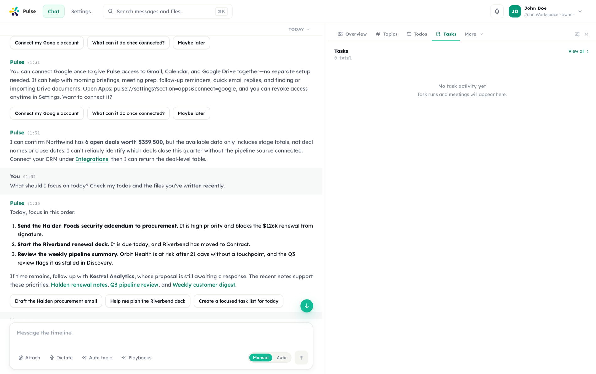 The Tasks panel beside the Pulse timeline, listing background tasks and their status