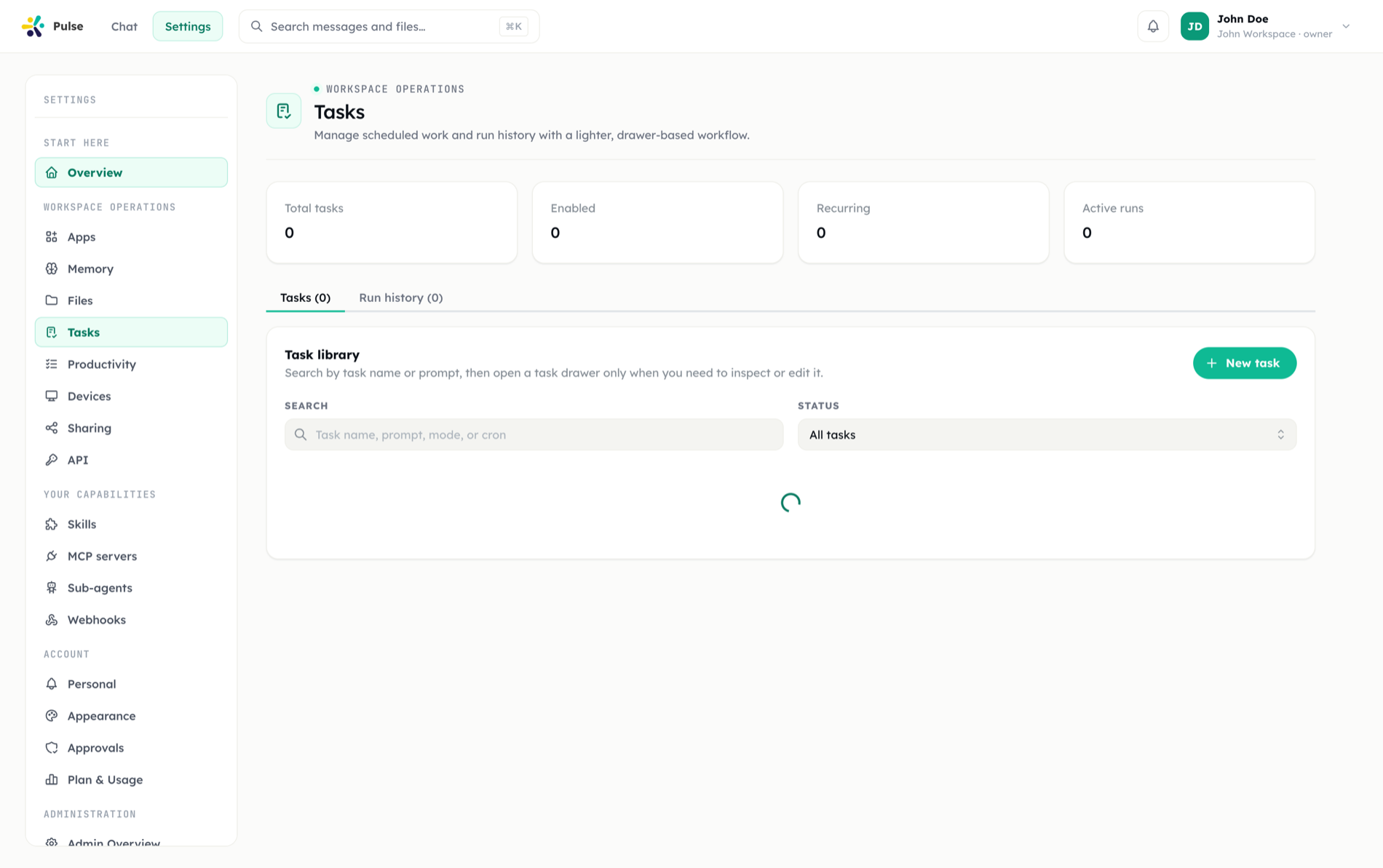 The Tasks settings page listing scheduled and recent tasks with their run history