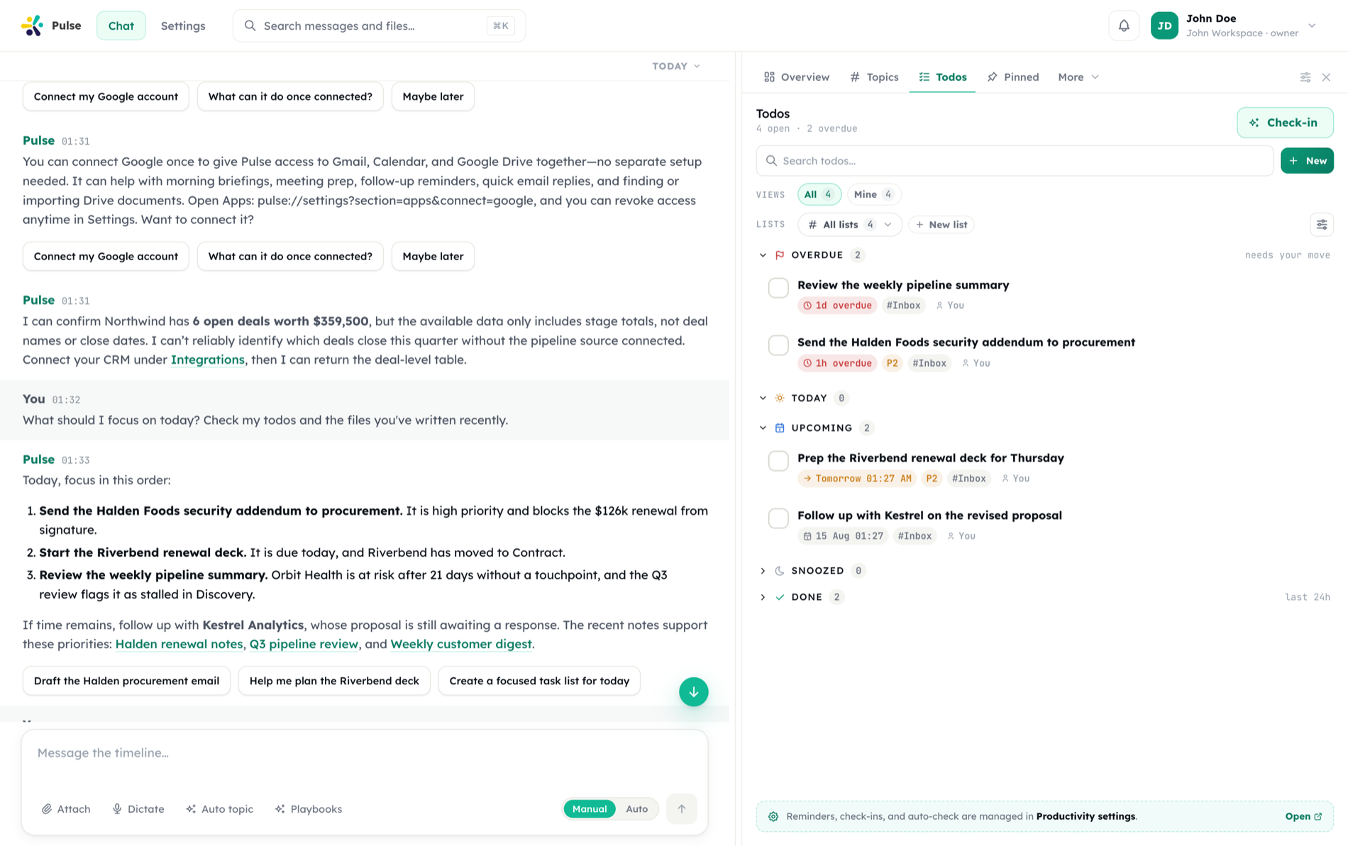 The Todos panel beside the Pulse timeline, showing a live open and overdue summary, a Check-in button, list filters, and Today, Upcoming, Snoozed and Done groups