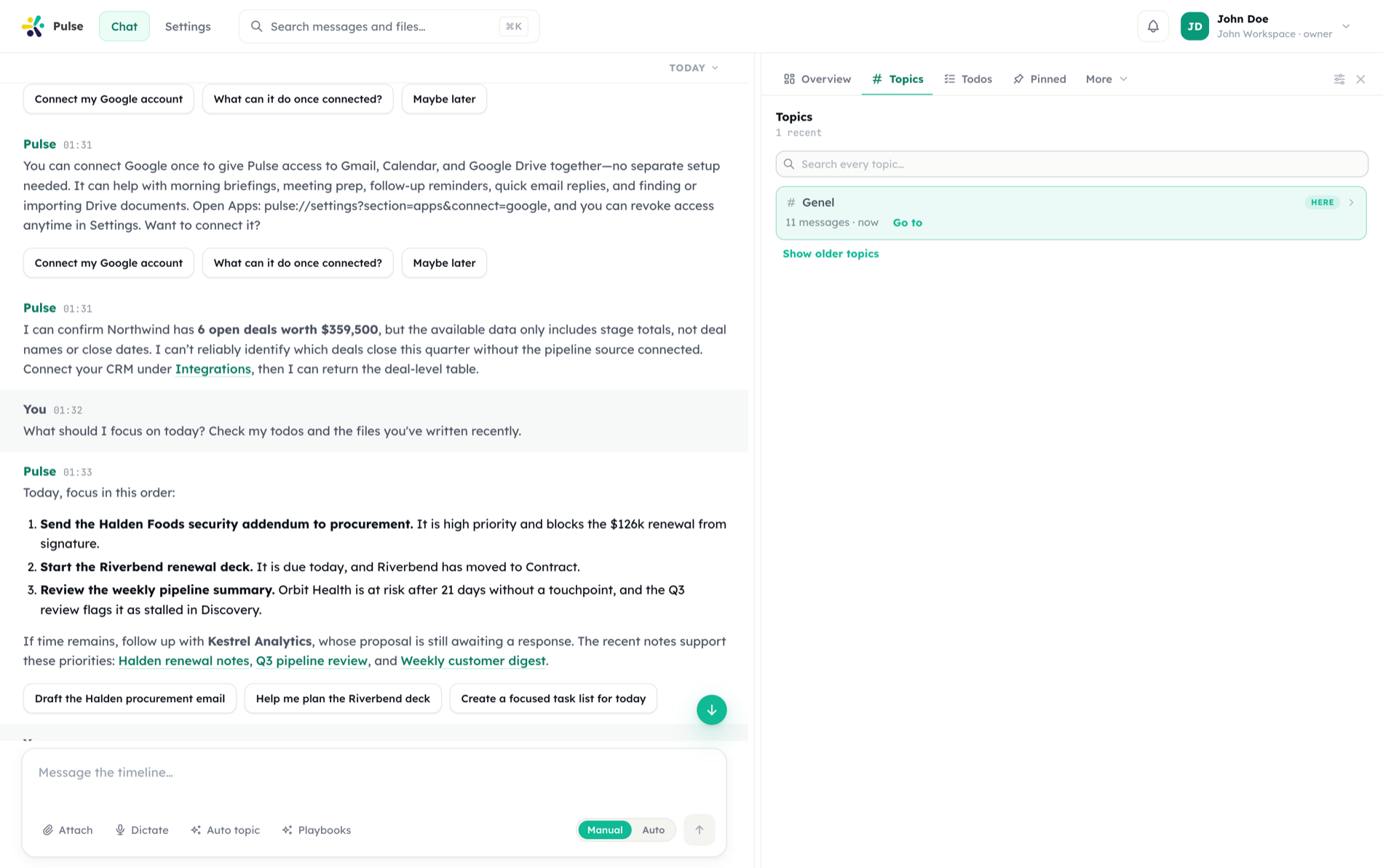 The Topics panel beside the Pulse timeline, listing the named strands of work the assistant has filed