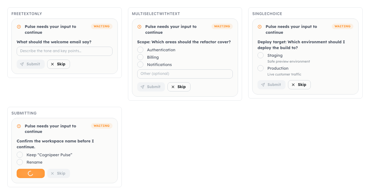 Pulse user-question cards requesting input: a free-text prompt, a multi-select with an optional text field, and a single-choice deploy target