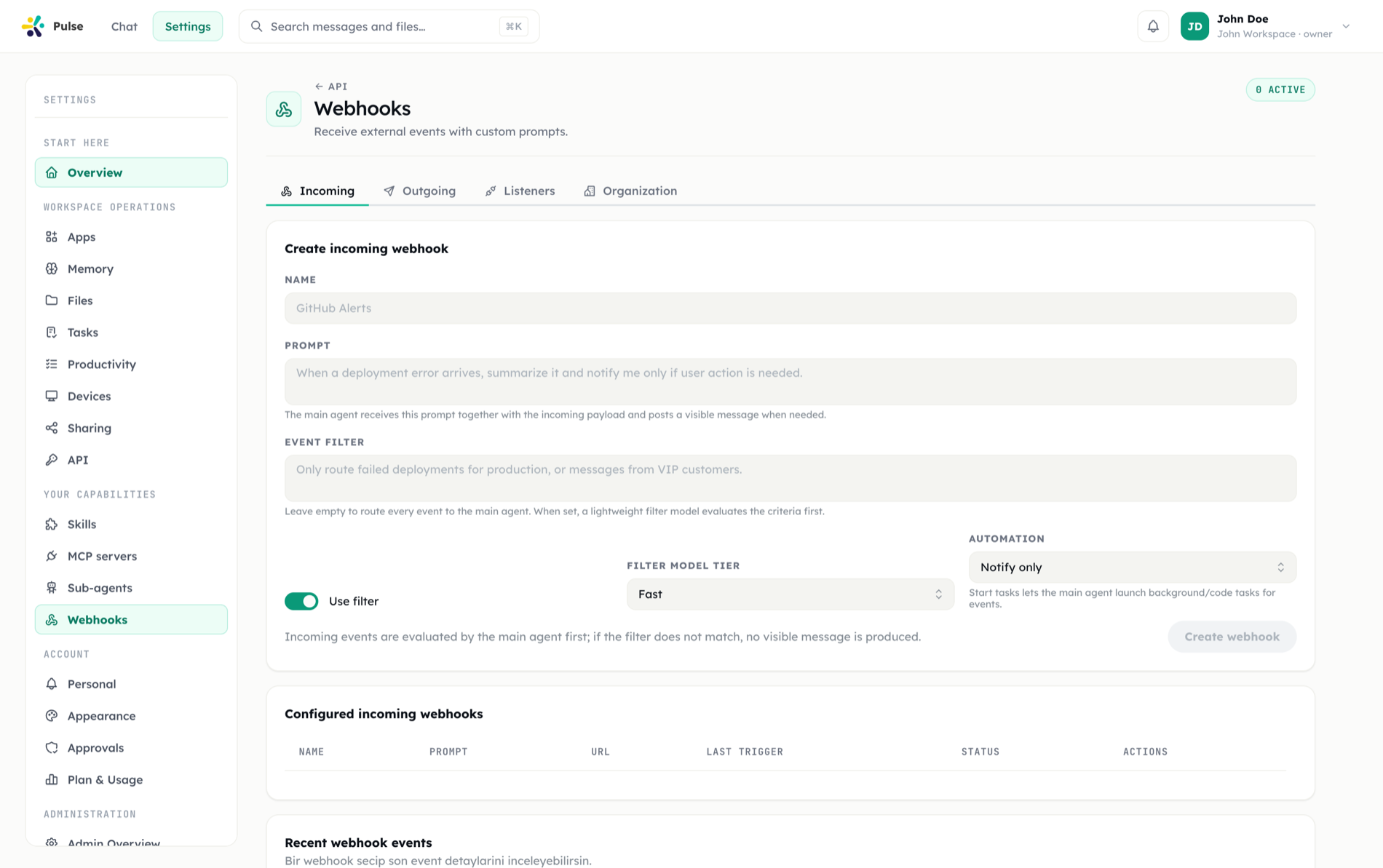 The Webhooks settings page listing incoming webhooks and their delivered events